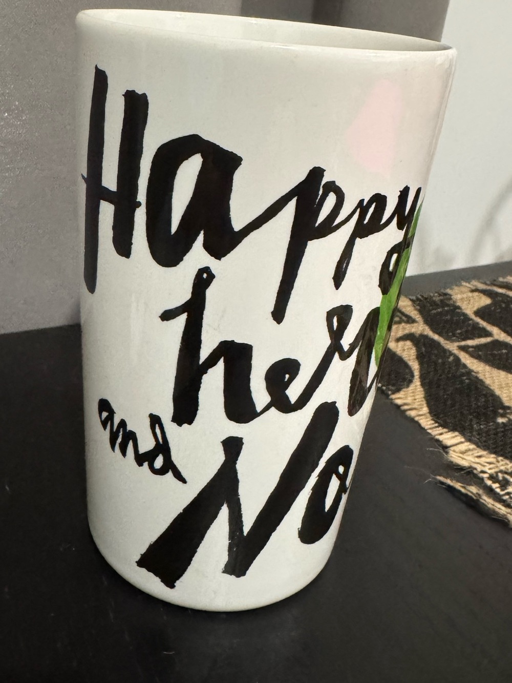 Starbucks White Ceramic Tall Mug with Black Script “Happy Here and Now”
